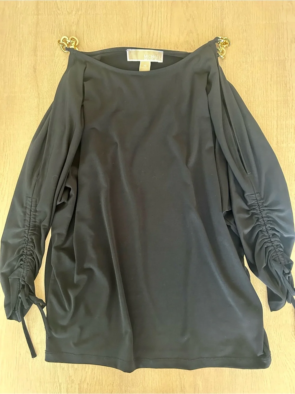 Michael Kors Black Cold-Shoulder Tunic with Gold Chain Straps and Ruched Sleeves